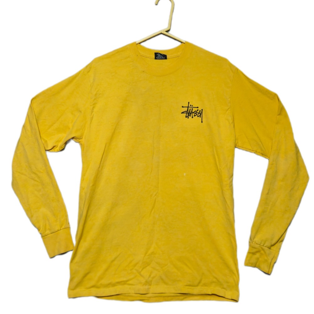 Stussy Long Sleeve T-Shirt Mens Medium Yellow Stock Logo Graphic Cotton Tee